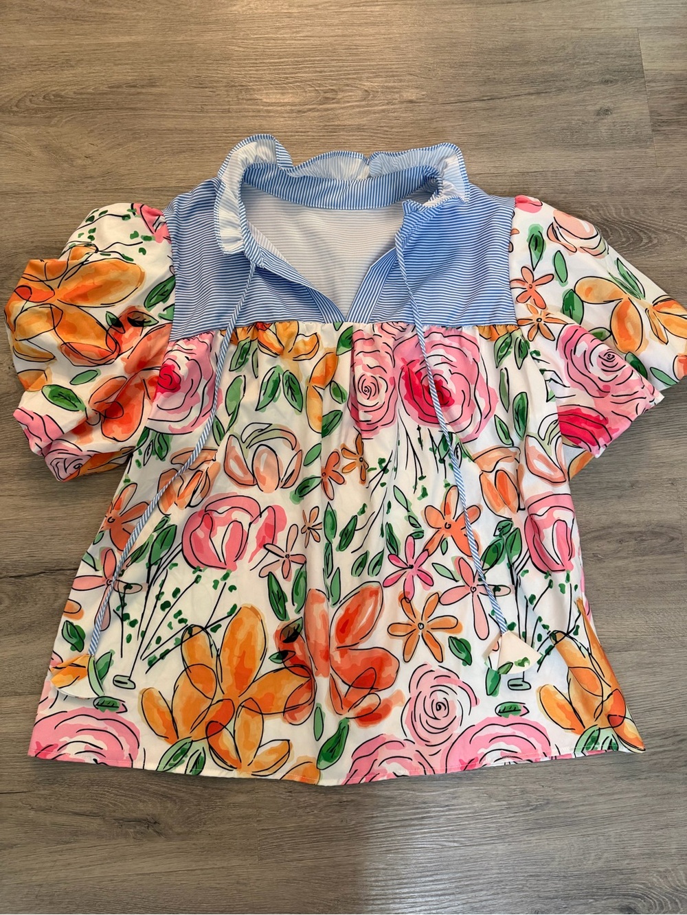SHEIN Floral Puff Sleeve Blouse in Orange, Pink, Blue and Green